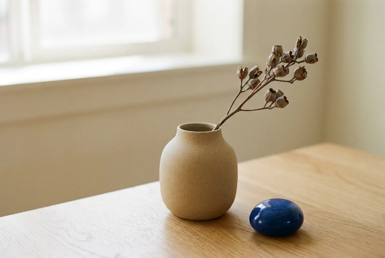 A matte ceramic vessel holding a single dried floral stem on a pale oak surface in soft daylight