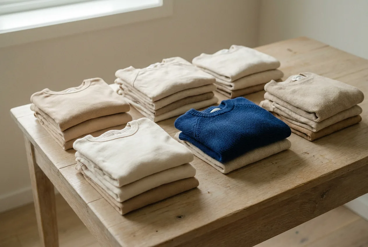 For a child, dressing without help is one of the first things that feels like independence. Small neatly folded children's clothing in soft neutral tones arranged on a pale oak surface