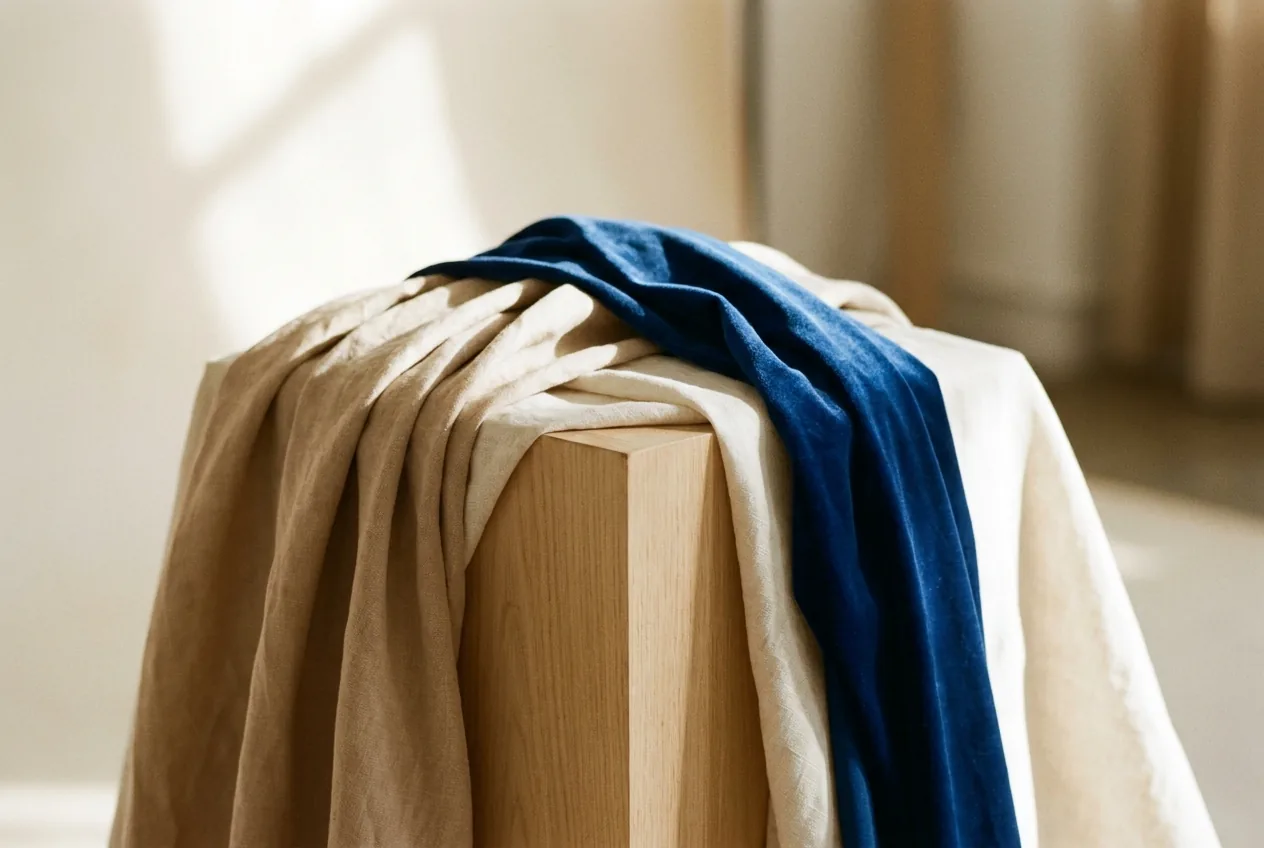 Flowing neutral fabric draped over a simple wooden form with deep folds catching soft light