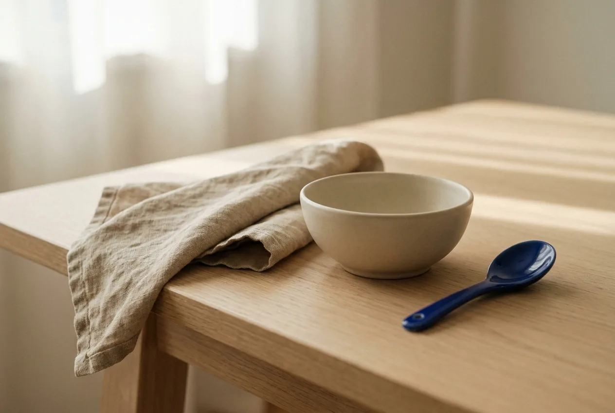 A folded linen cloth and a small matte ceramic dish on a sunlit pale oak table with space around them