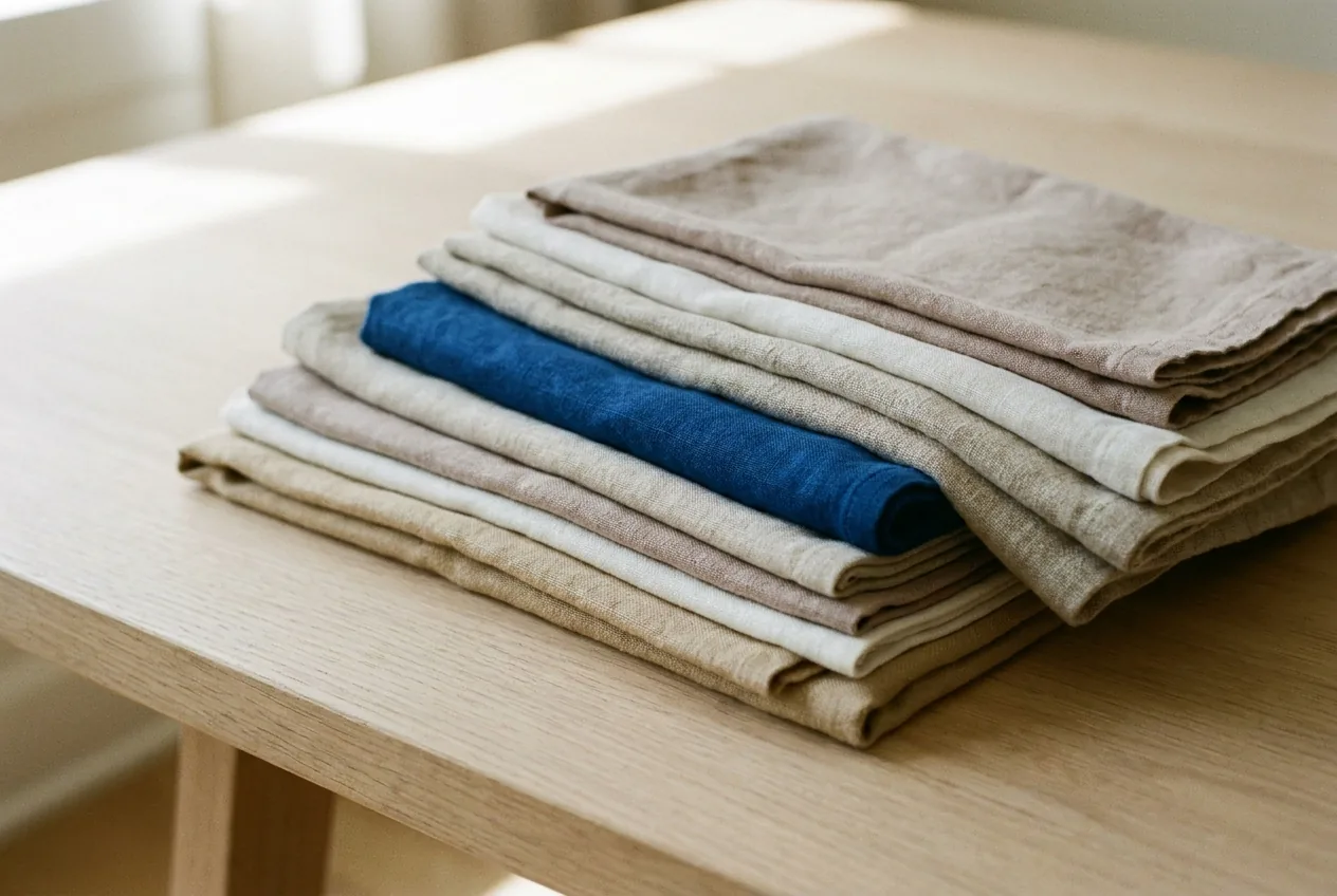 Consistency is unglamorous, and it is most of what earns a second visit. A neat stack of folded neutral textiles with aligned edges on a pale oak surface
