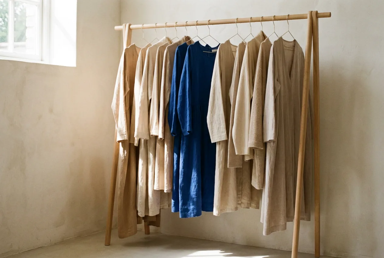 Layered neutral garments with long hemlines and full sleeves on a simple wooden rail in afternoon light