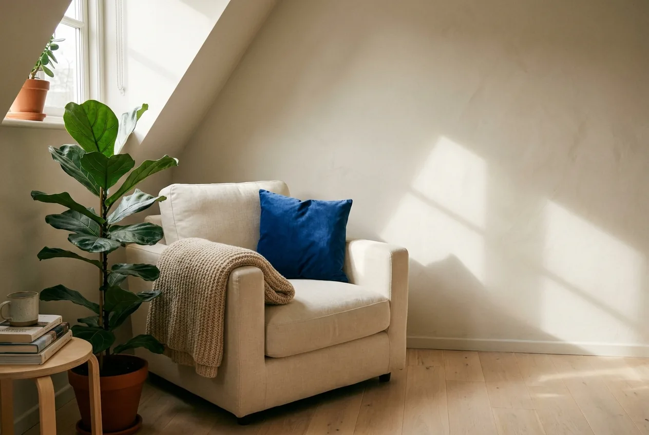 A soft armchair with a folded throw beside a potted plant, warm sunlight across a plain wall