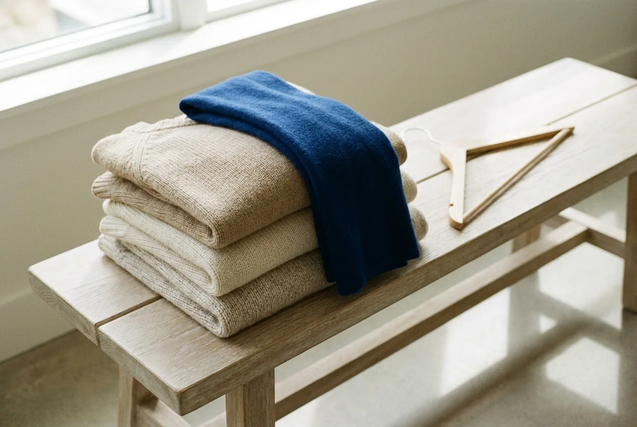 Closures, seams and cut are where a garment either includes someone or does not. Soft folded knitwear on a pale oak bench with a slim wooden hanger resting alongside