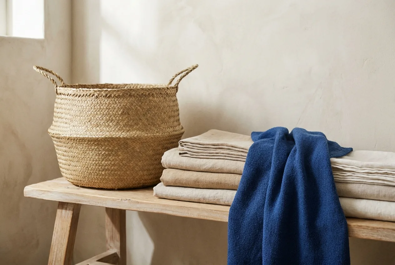 A woven basket and neatly folded linens arranged on a wooden bench beside a pale wall