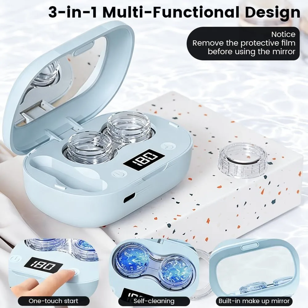 ultrasonic contact lens cleaner: 3-in-1 design with mirror and cases