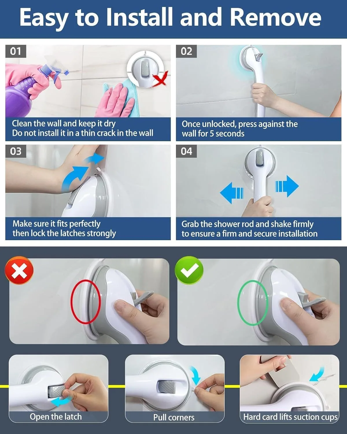suction cup shower grab bar: installs and removes in seconds