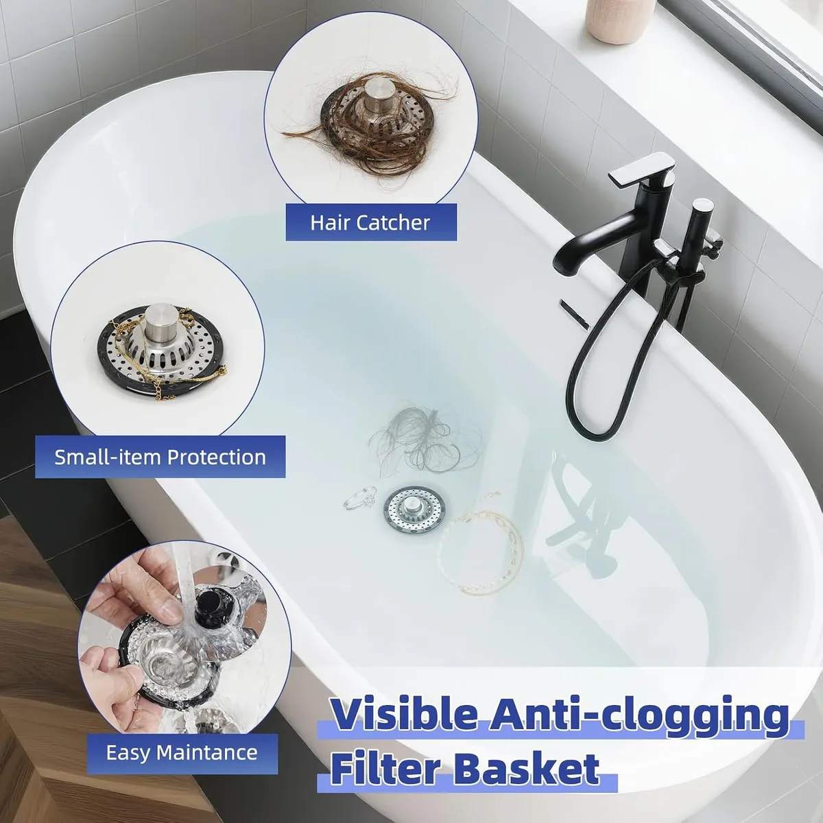 bathtub drain stopper with hair catcher: hair catcher basket inside the drain