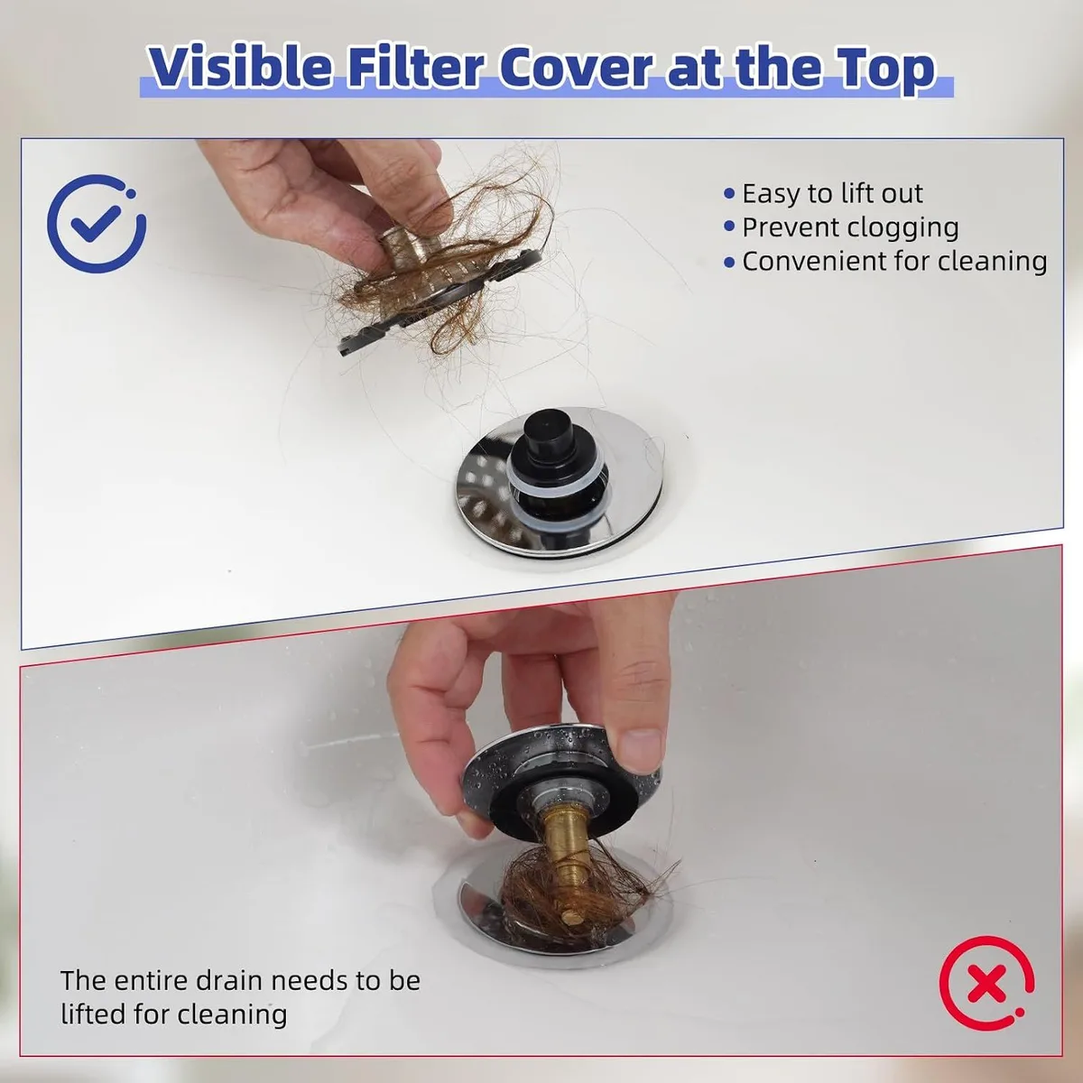 bathtub drain stopper with hair catcher: filter cover lifts off for cleaning