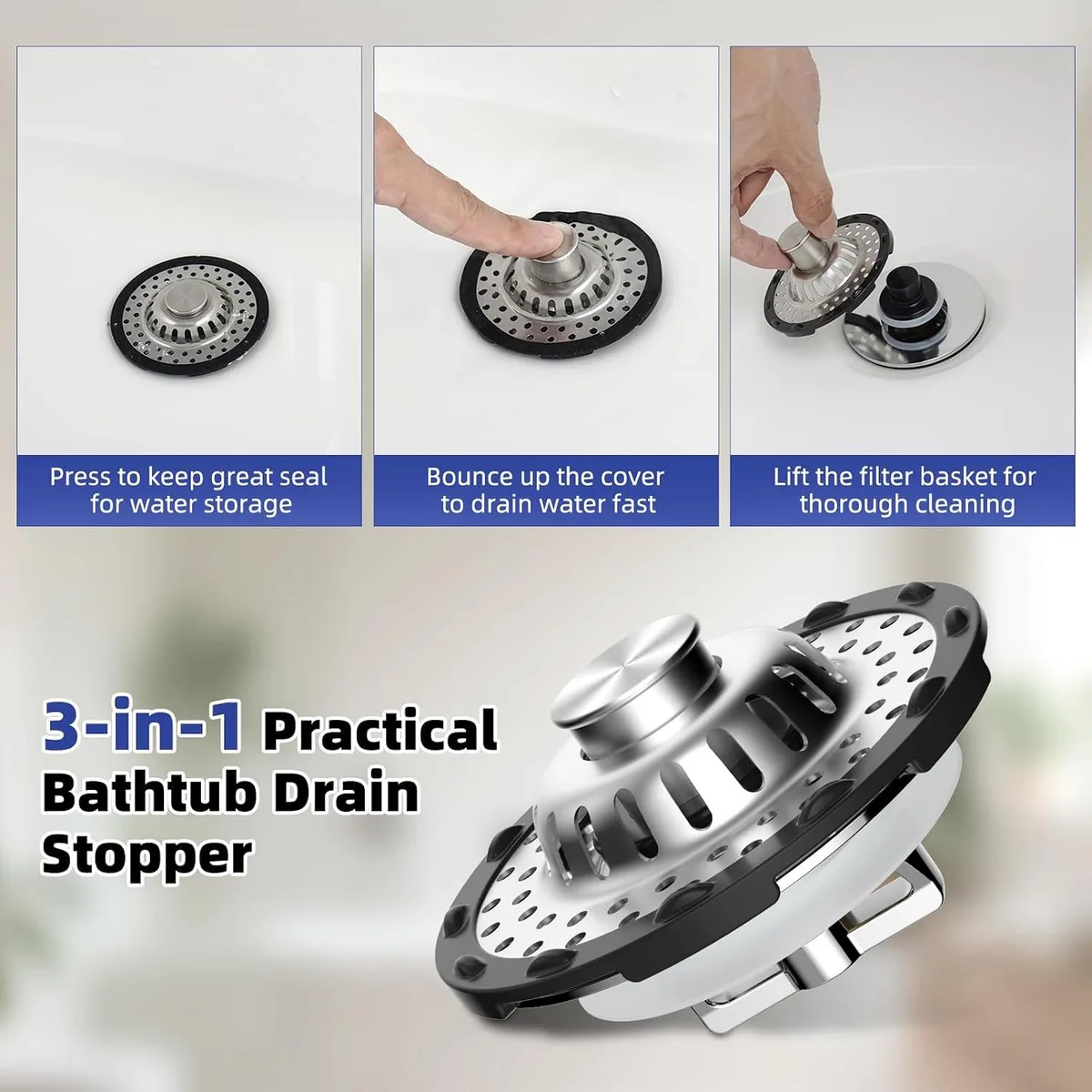 bathtub drain stopper with hair catcher: 3-in-1 practical drain stopper