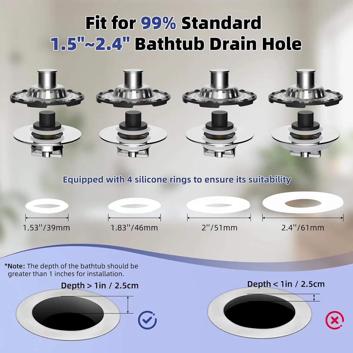 bathtub drain stopper with hair catcher: fits standard 1.5 to 2.4 inch drains