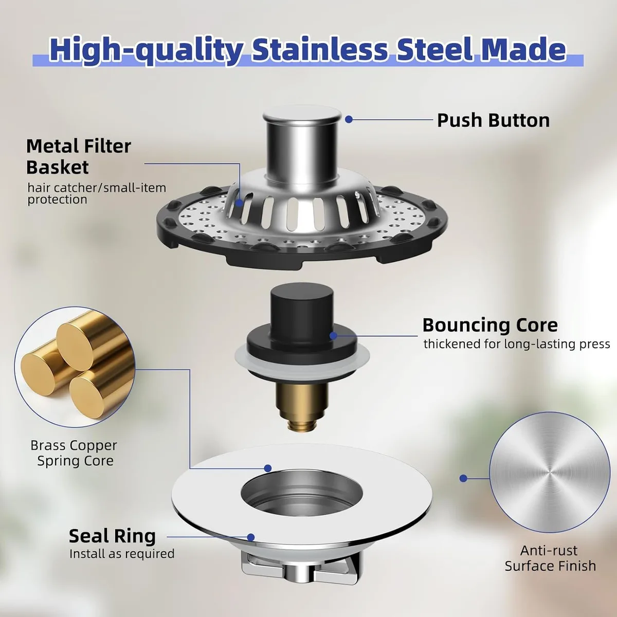 bathtub drain stopper with hair catcher: stainless steel parts and push button