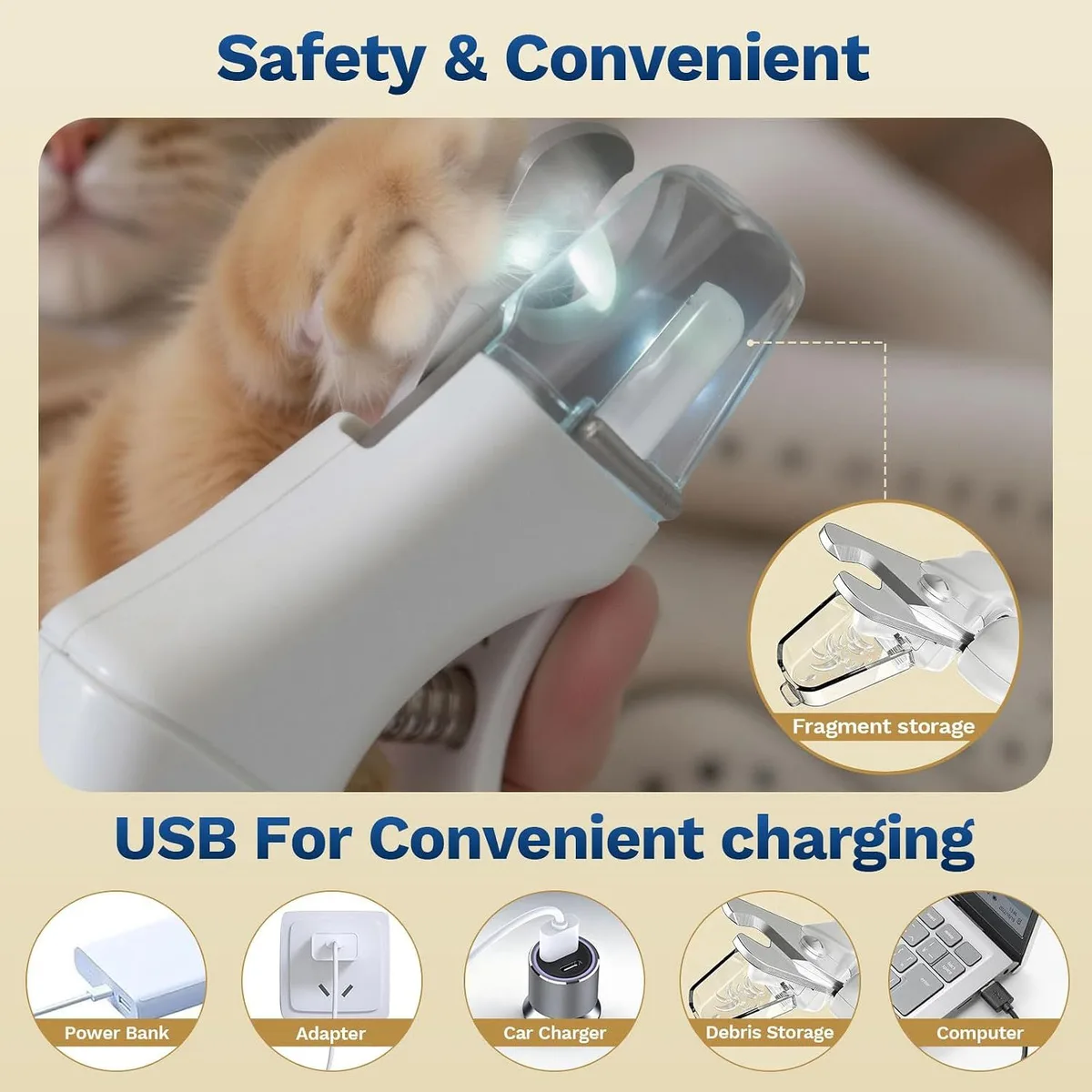 dog nail clipper and grinder: safety guard and USB charging