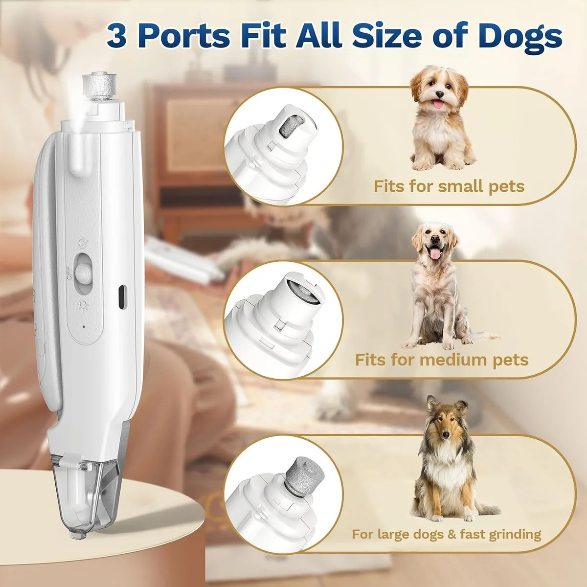 dog nail clipper and grinder: three ports for small to large dogs