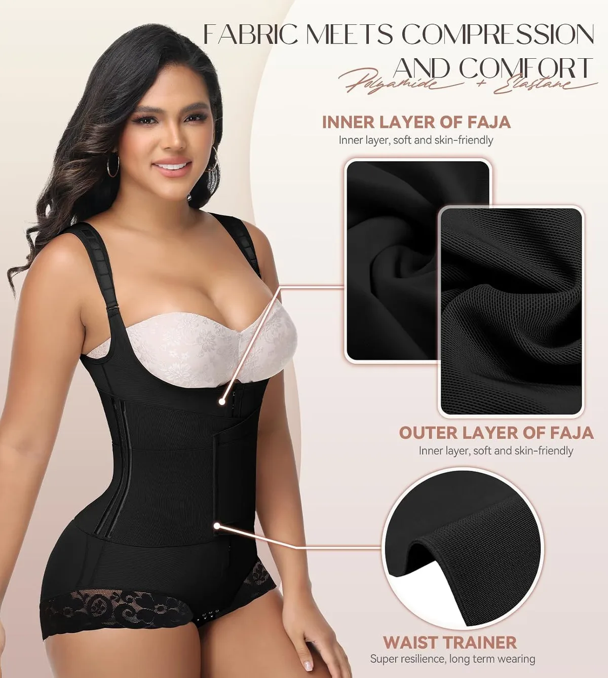 guaina modellante 3 in 1 con corsetto: strati di tessuto interno ed esterno