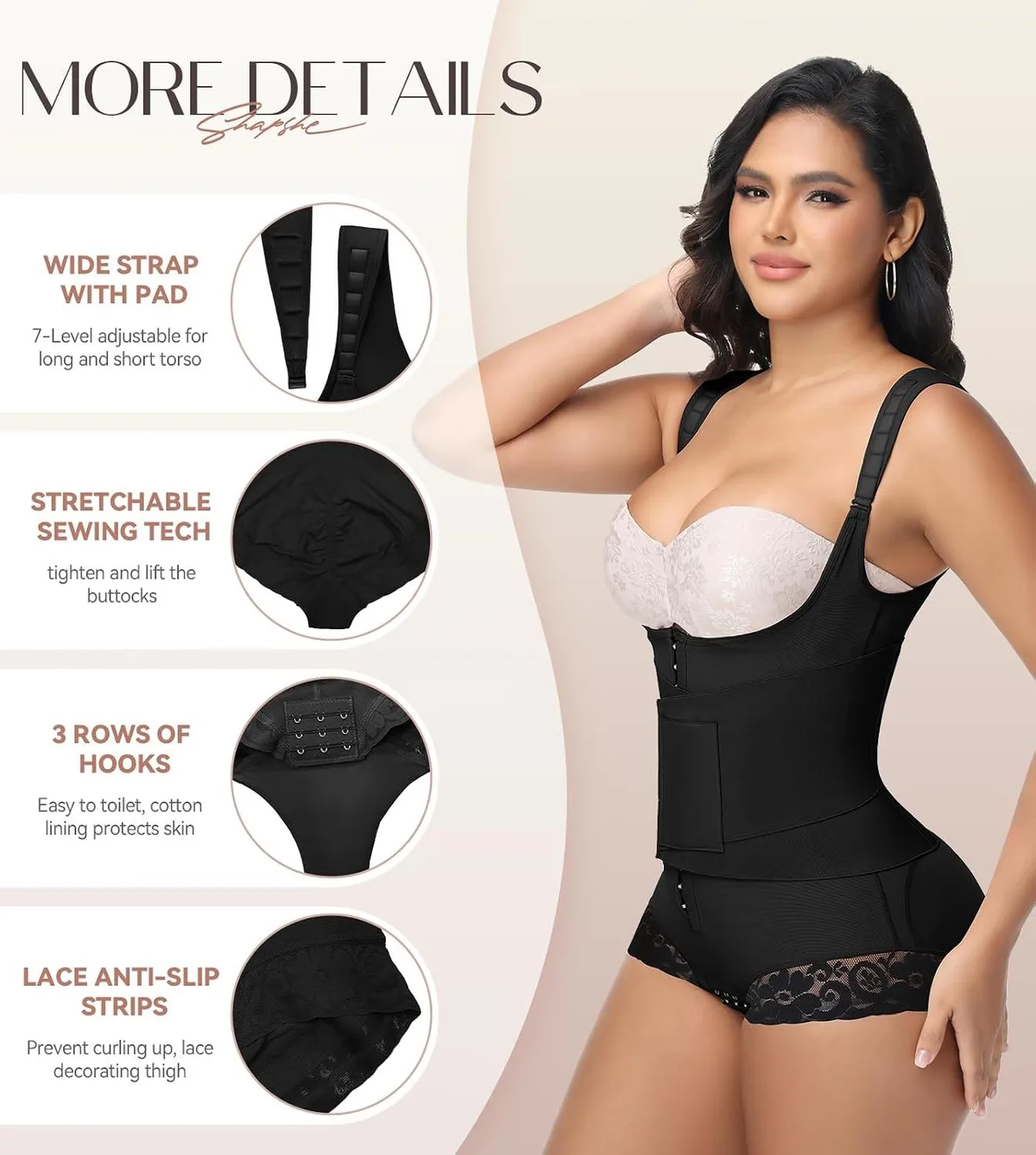 guaina modellante 3 in 1 con corsetto: spalline, ganci e dettagli antiscivolo