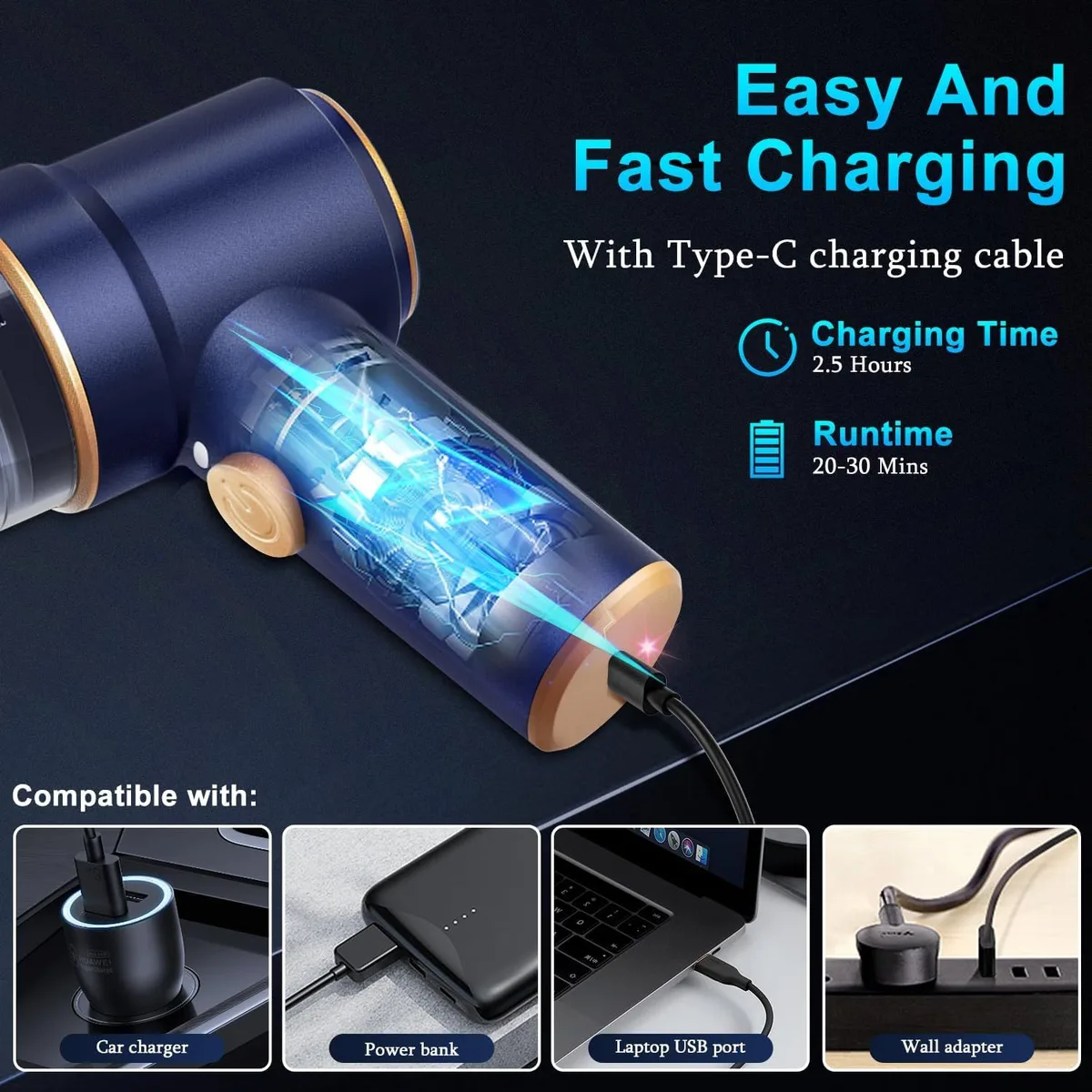 aspirador de coche de mano: carga rápida por USB-C