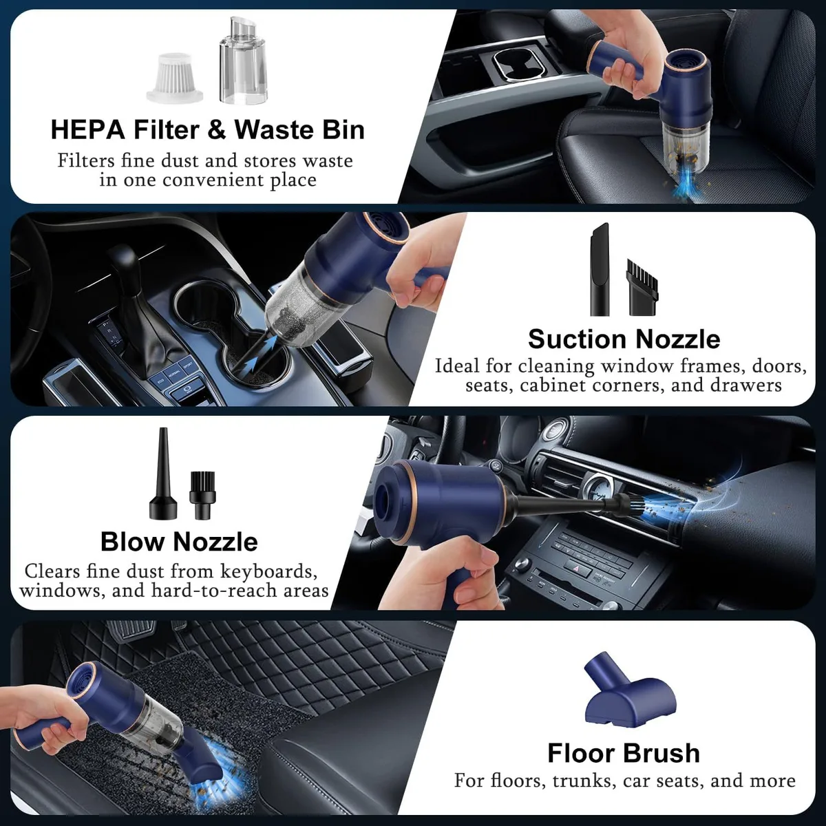 aspirador de coche de mano: filtro HEPA y boquillas