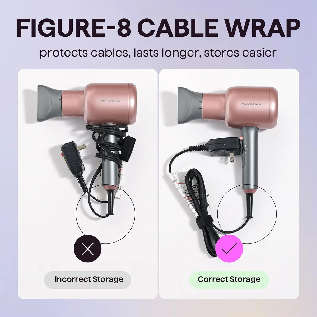 figure-8 cord wrap for storing the ionic hair dryer