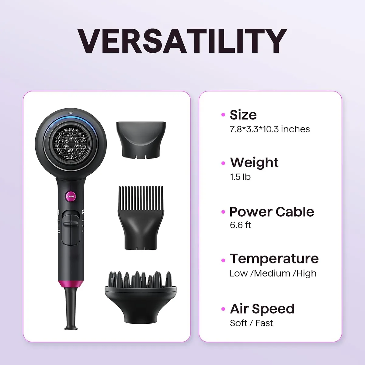 ionic hair dryer size, weight, cord length and settings