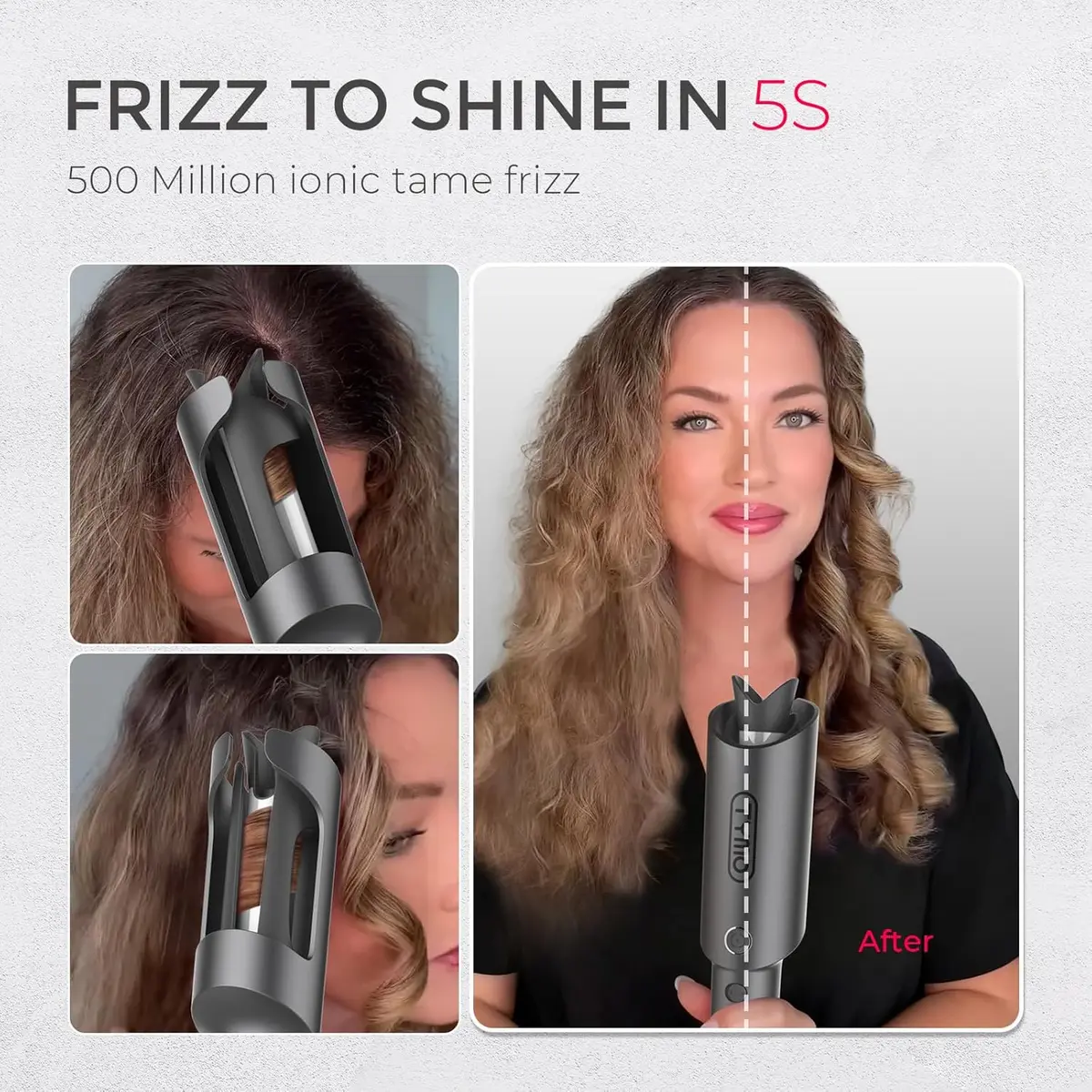 frizz before and shine after using the ionic rotating curling iron