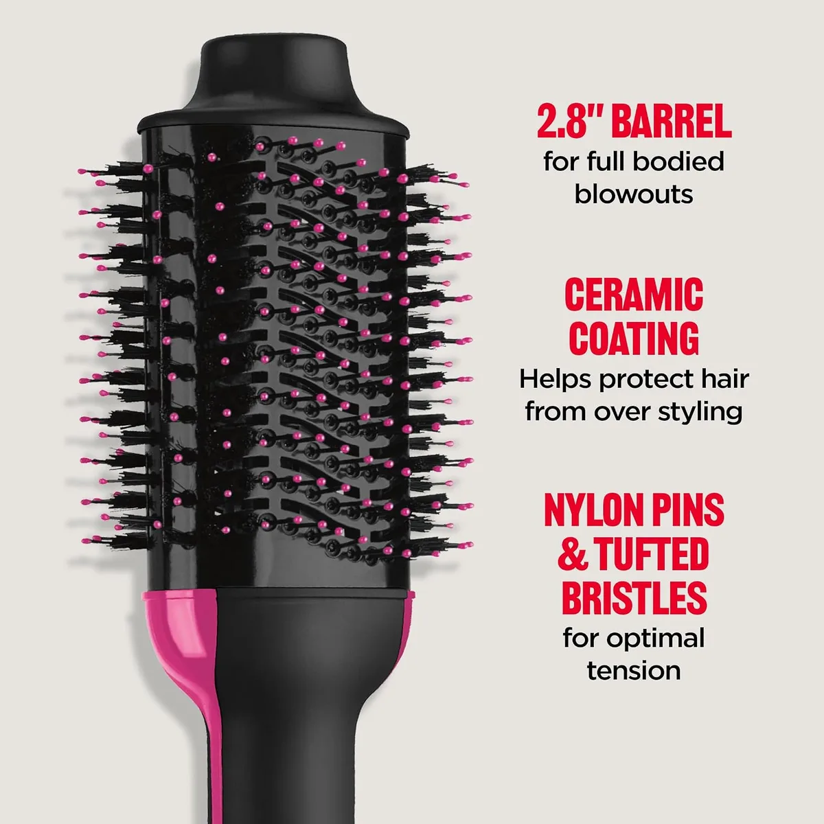 oval barrel, ceramic coating and bristles of the hair dryer brush
