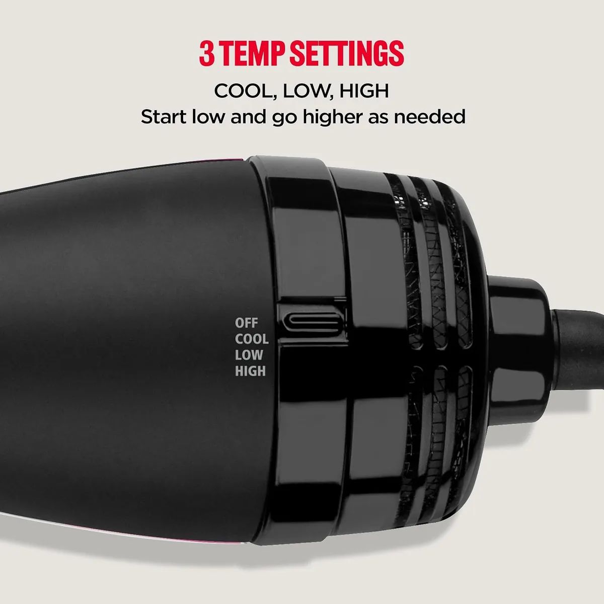 three heat settings on the hair dryer brush handle