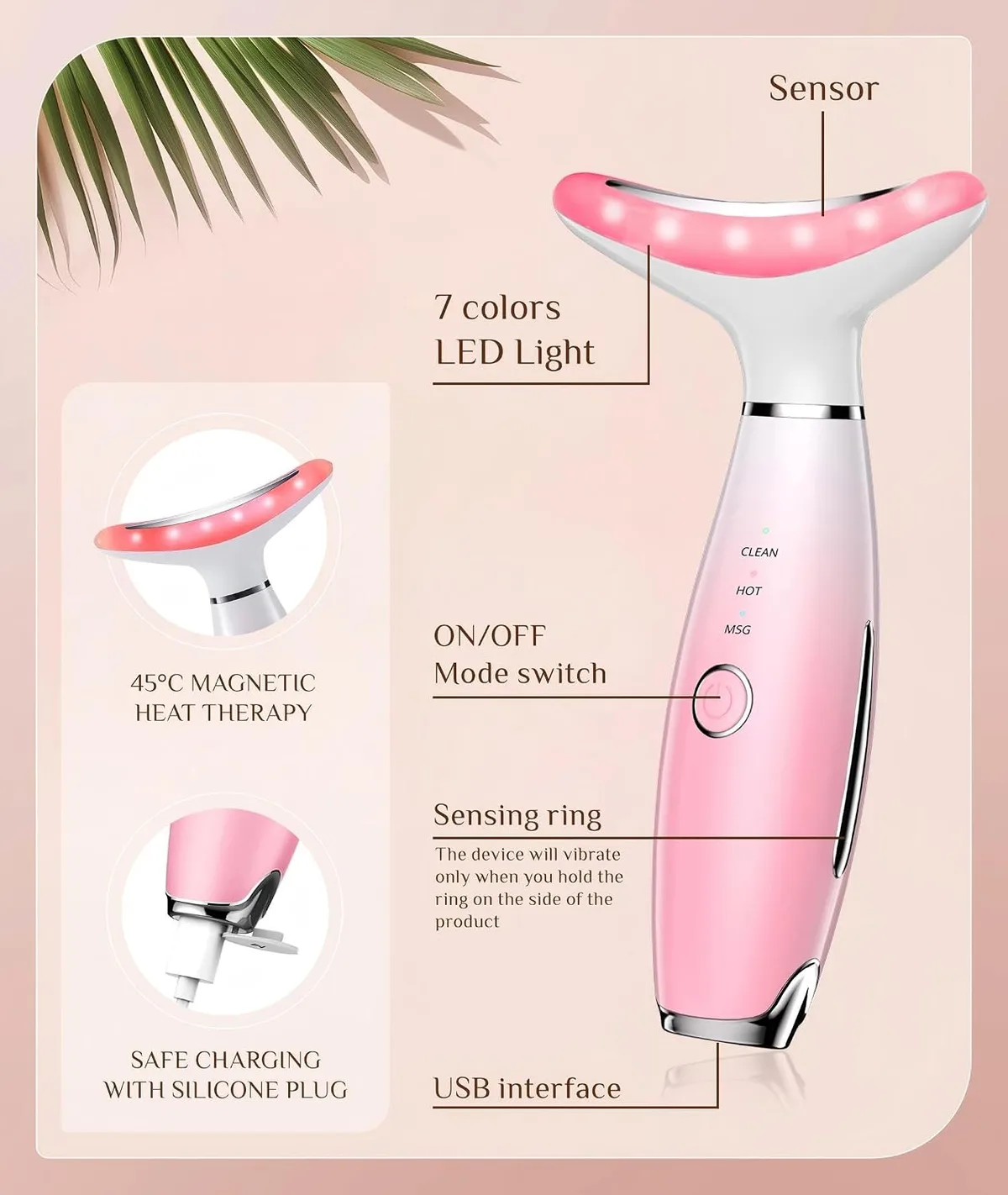 sensor, mode button and USB charging on the LED face massager