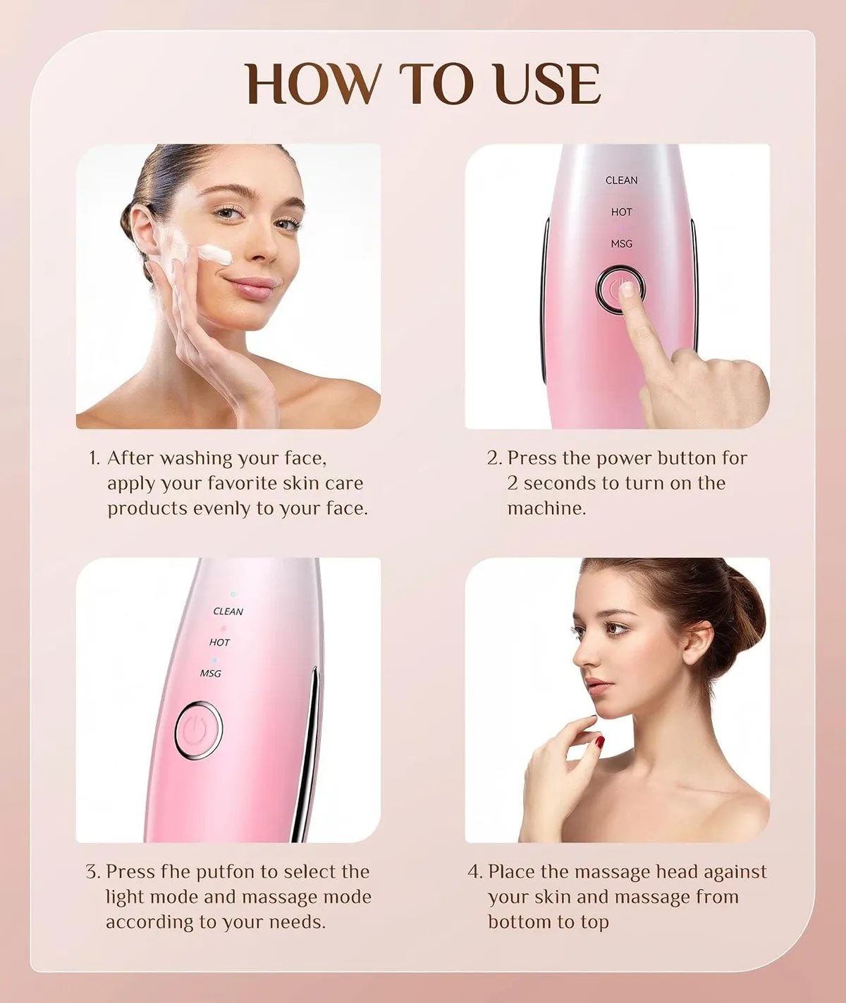 how to use the LED face and neck massager in four steps