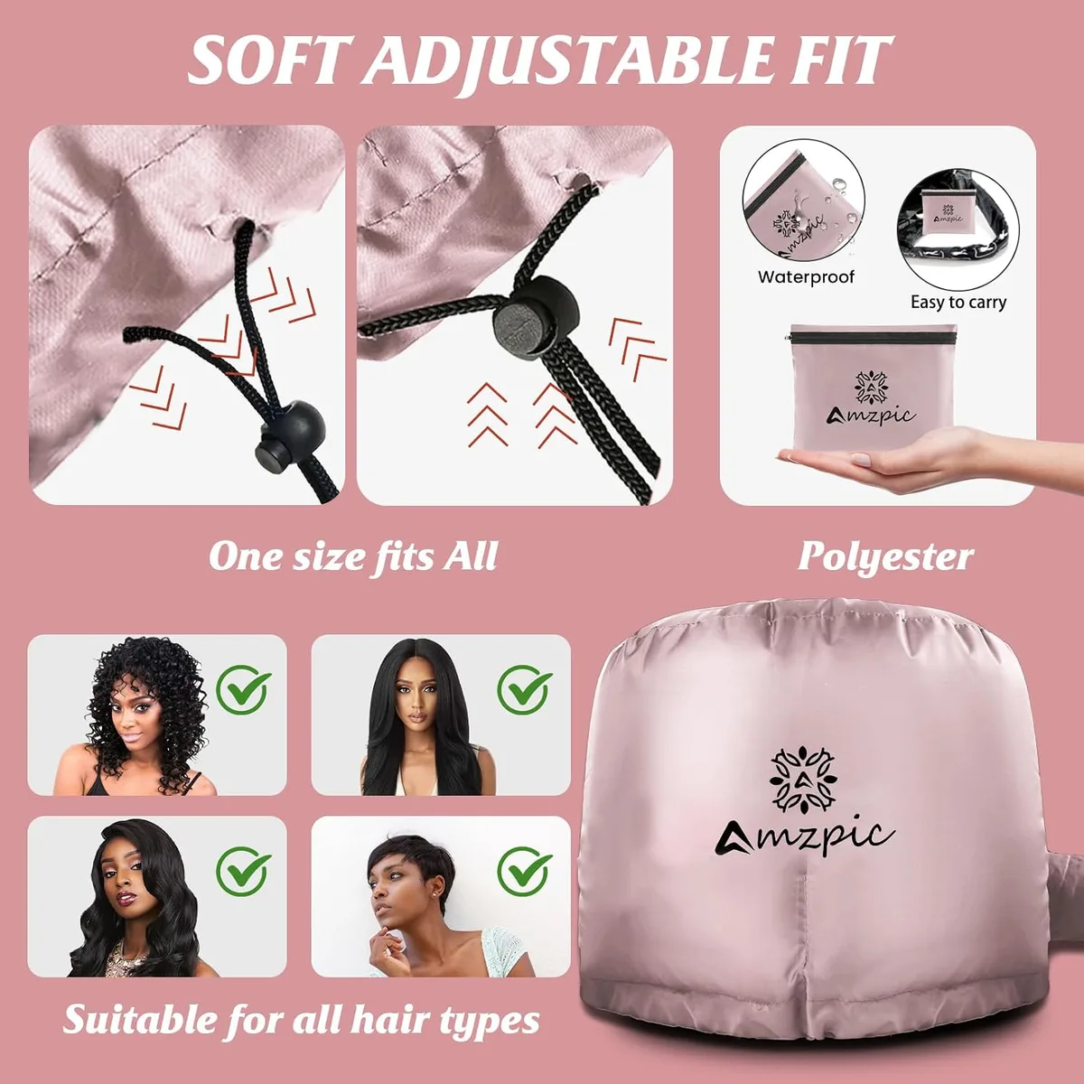 adjustable drawstring and roomy fit of the bonnet hood hair dryer