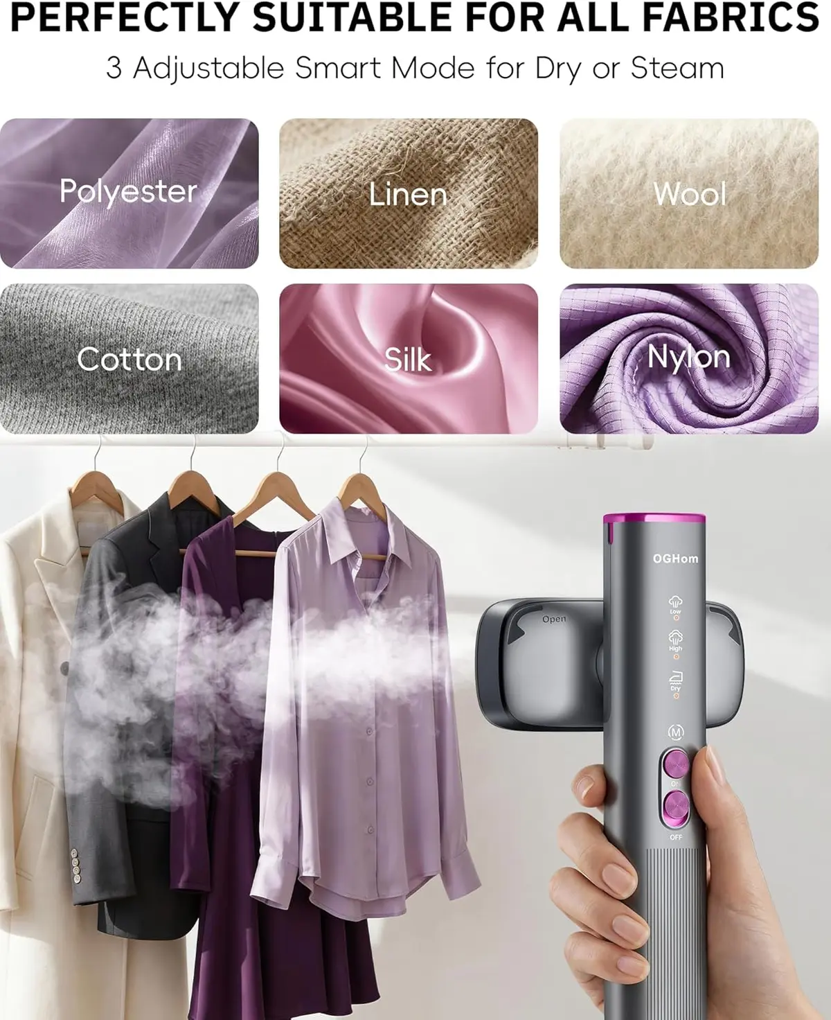 travel steamer on hanging clothes across different fabrics