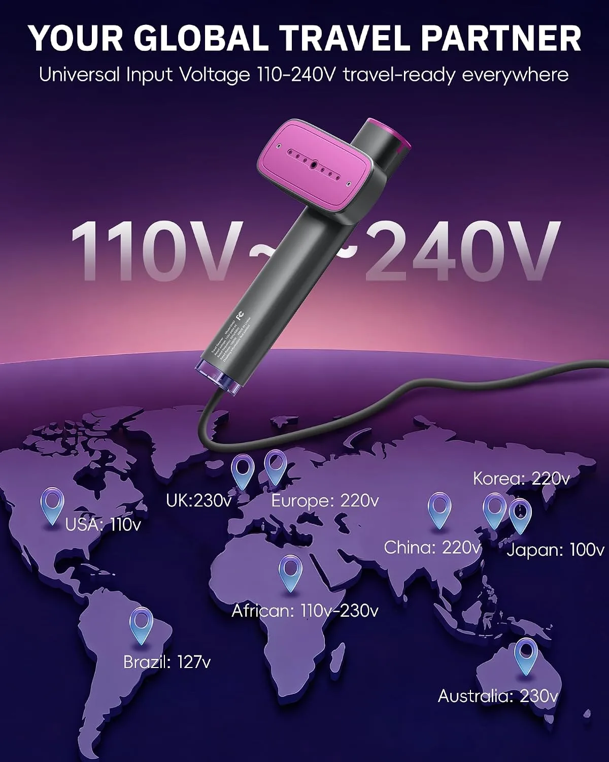 dual voltage 110-240V travel steamer for clothes