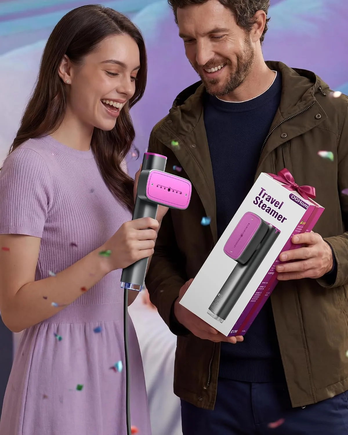 couple unboxing a travel steamer for clothes as a gift