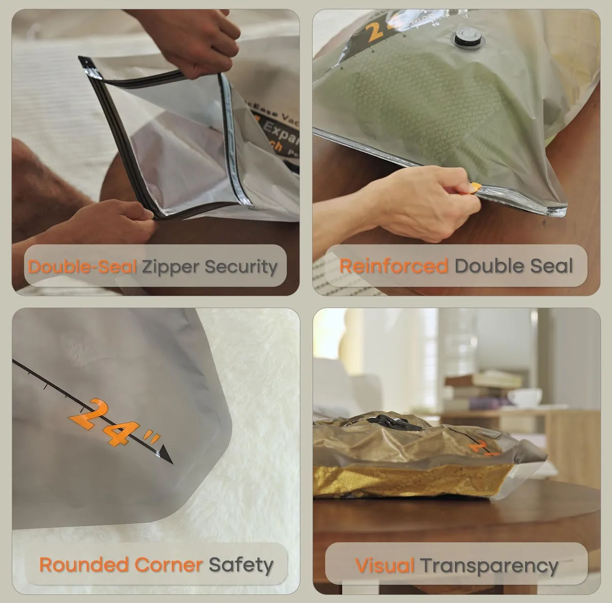 double-seal zipper and see-through window on vacuum storage bags
