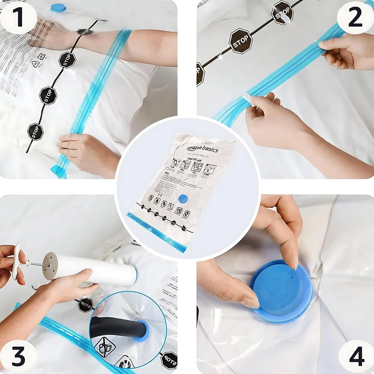 four steps to seal and compress vacuum storage bags with hand pump