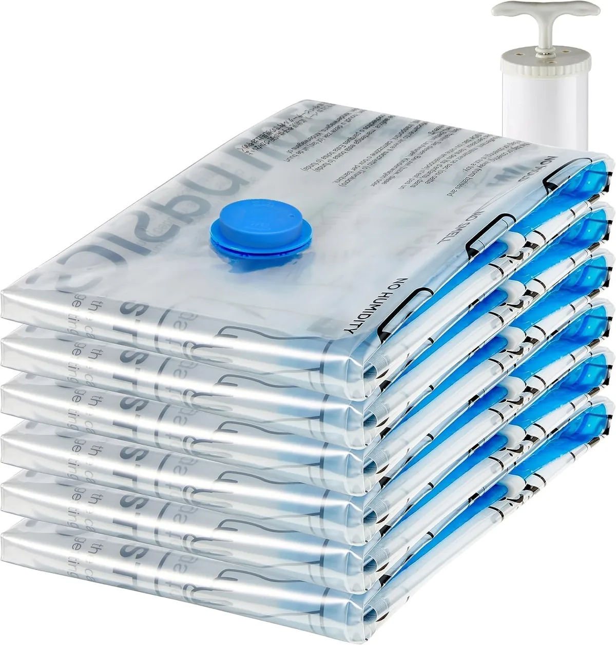 flat stack of reusable vacuum storage bags with hand pump