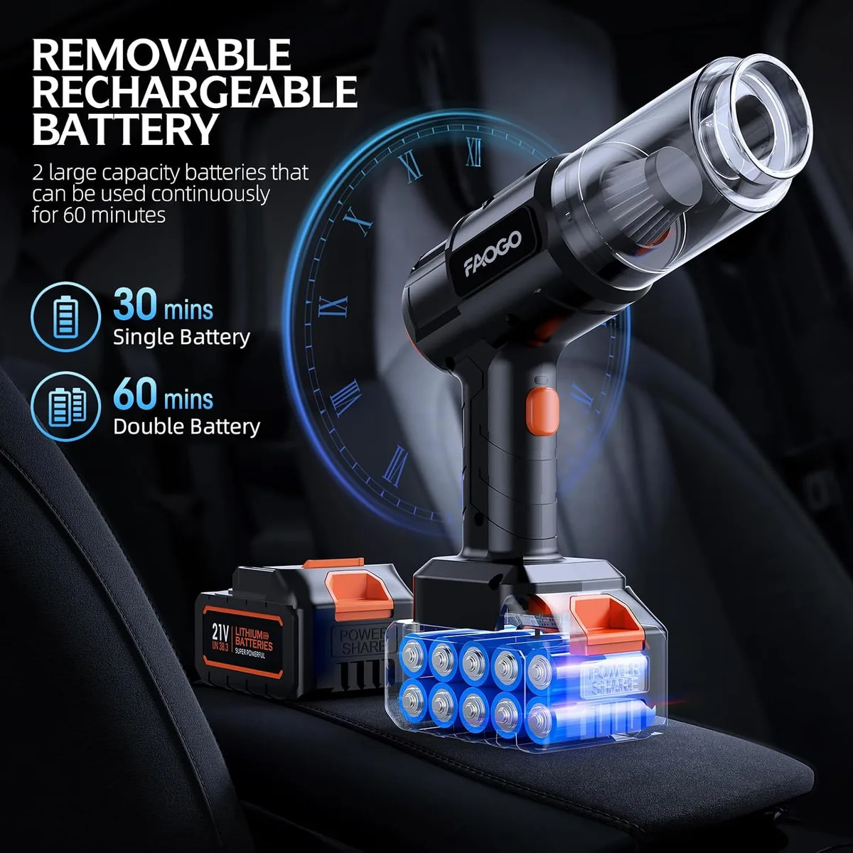 swappable rechargeable batteries of the cordless handheld vacuum