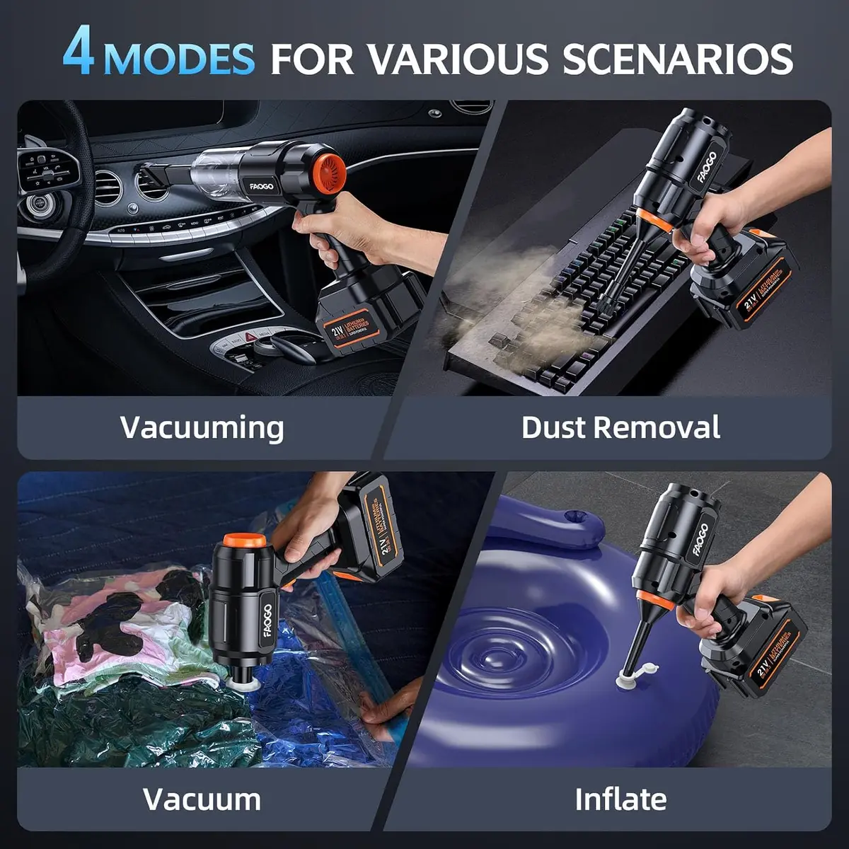 four modes of the cordless handheld vacuum