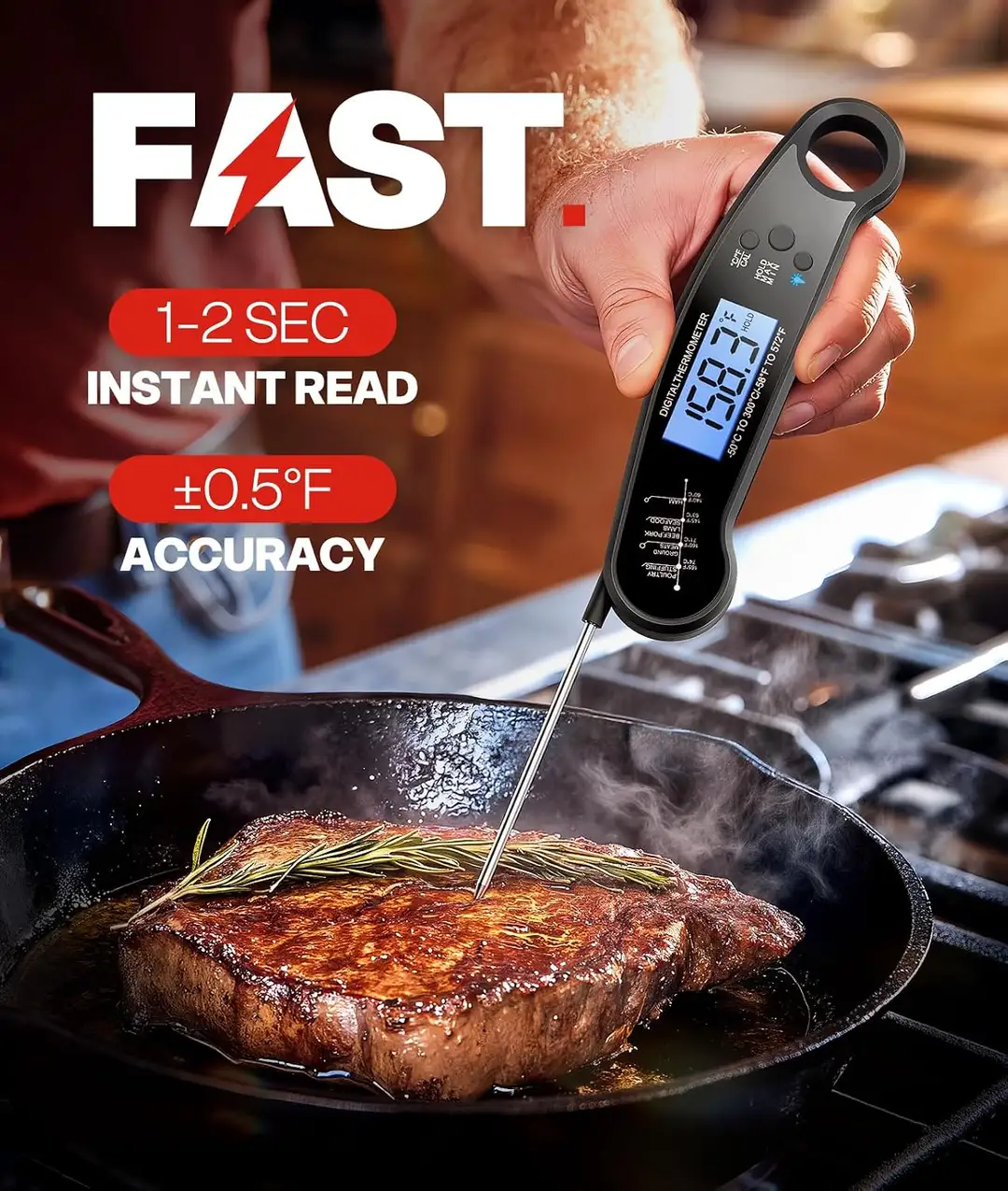 instant read meat thermometer checking a steak in a skillet