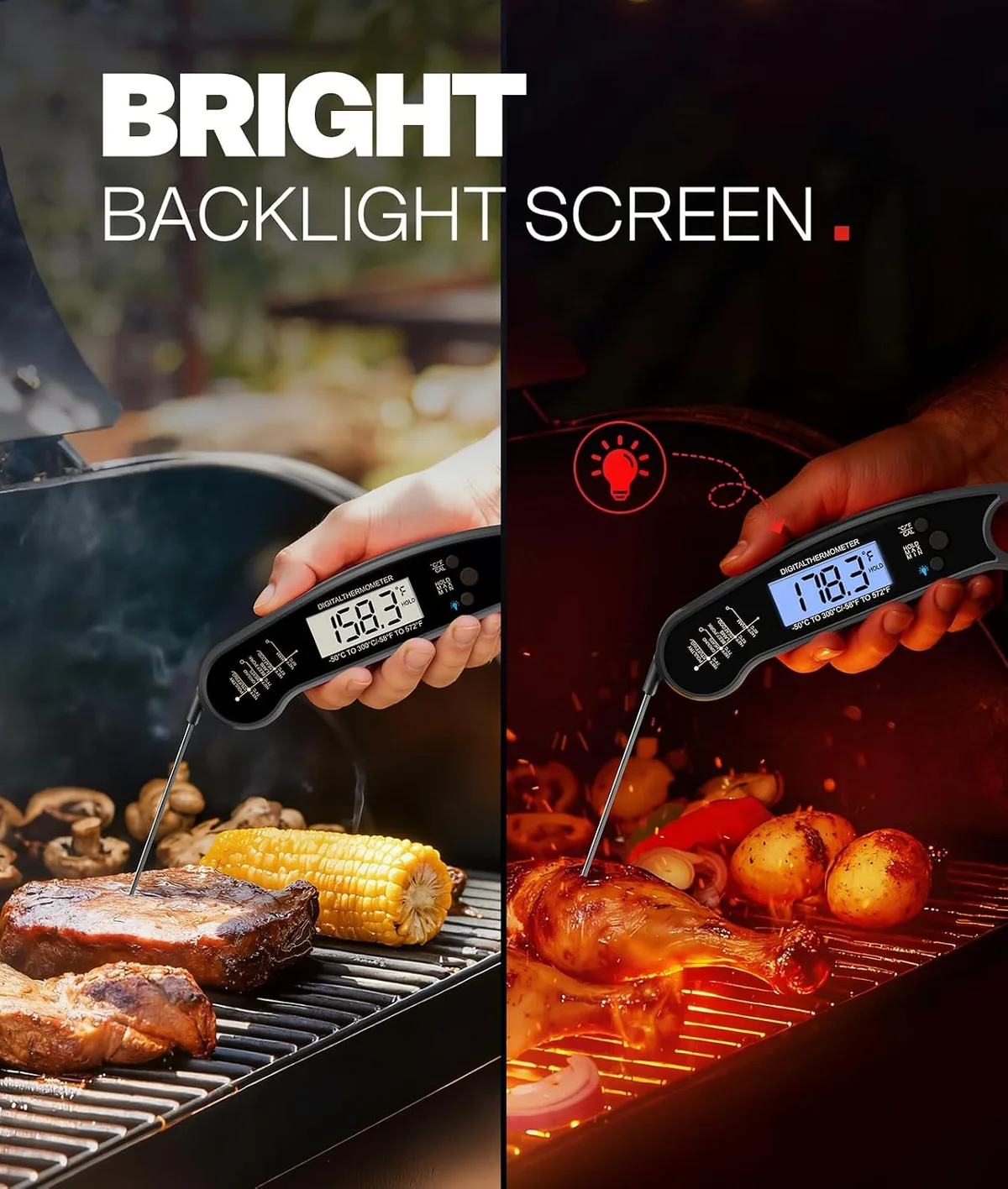 backlit screen on the instant read meat thermometer while grilling