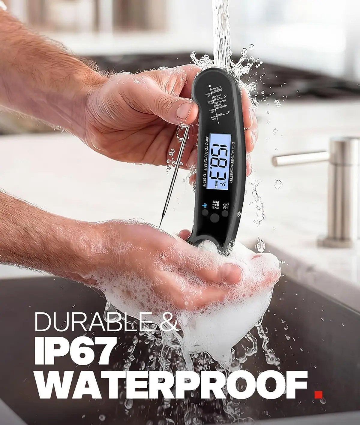 waterproof instant read meat thermometer rinsed under a tap