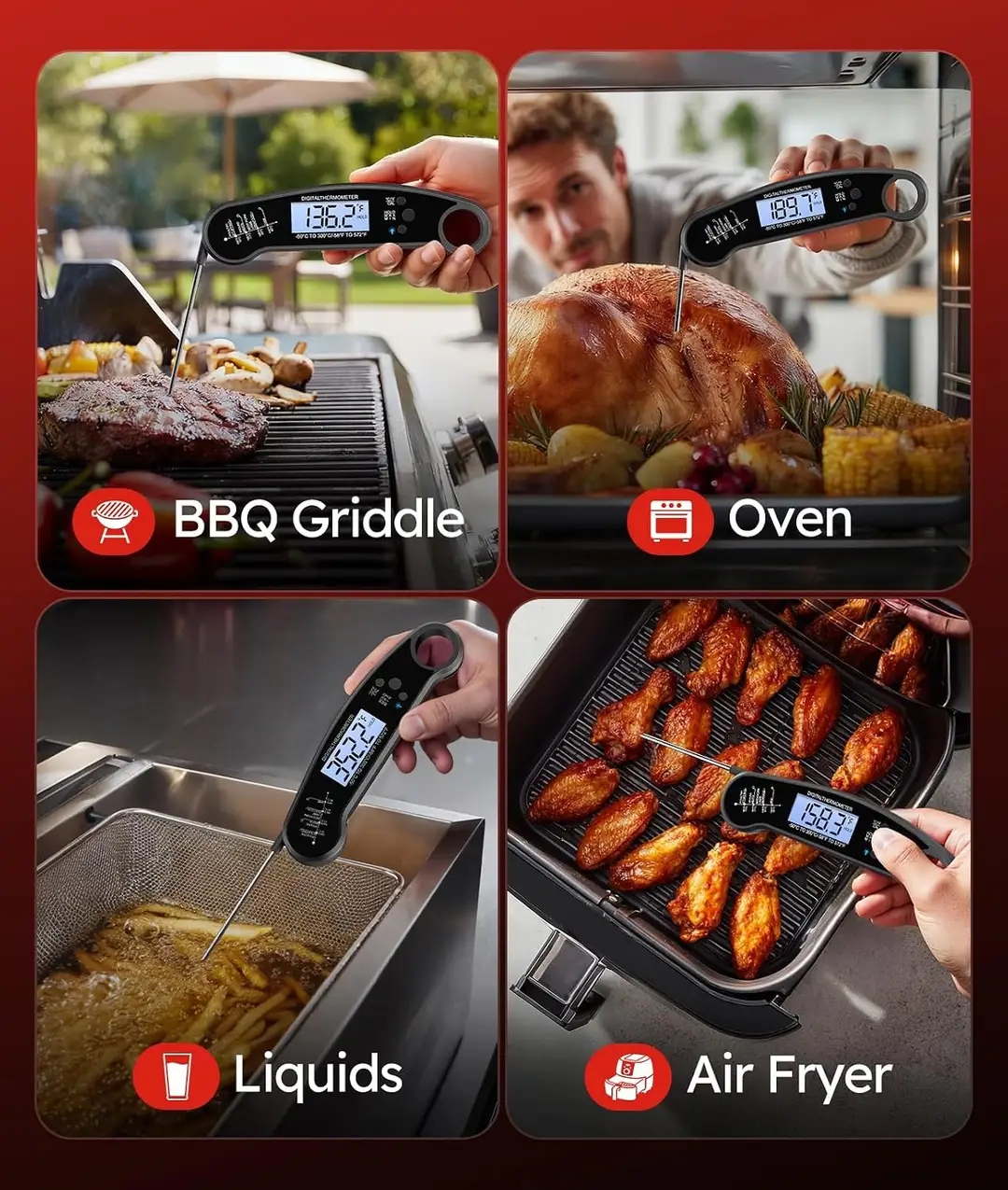 instant read meat thermometer used on the grill, in the oven, liquids and air fryer