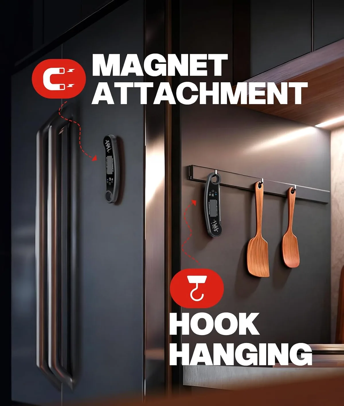 magnet and hanging loop on the instant read meat thermometer
