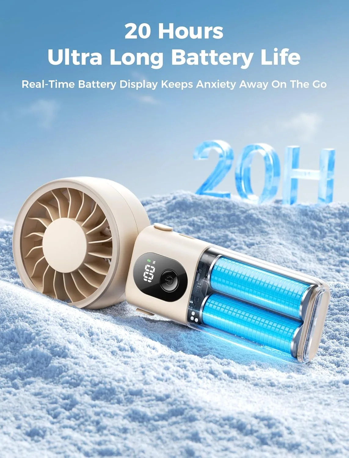 portable handheld fan with up to 20 hours of battery life