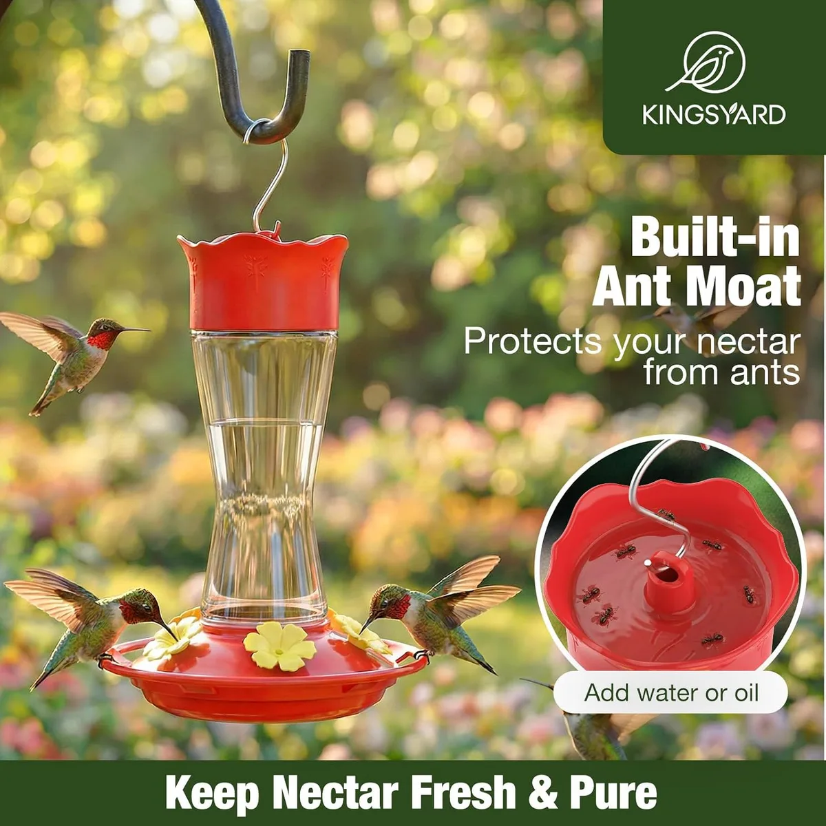 ant moat on the glass hummingbird feeder keeps nectar clean