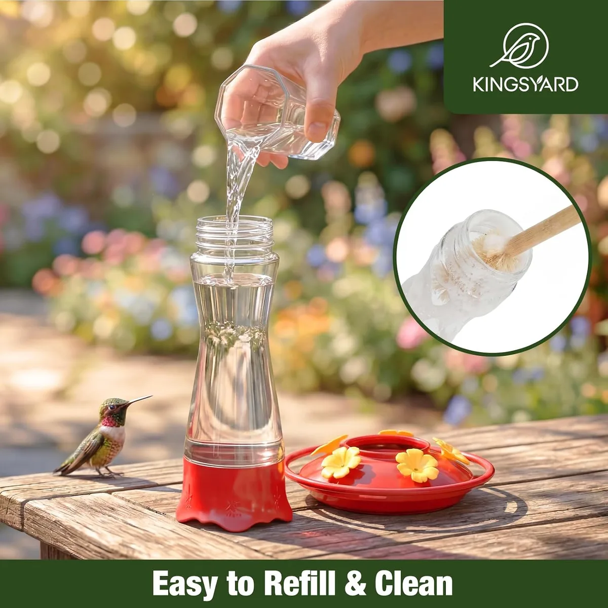filling the wide-mouth glass hummingbird feeder