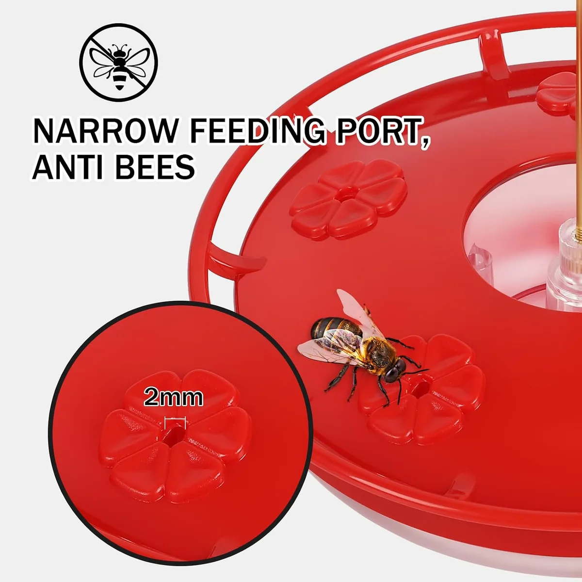 narrow feeding ports on the saucer hummingbird feeder keep bees out