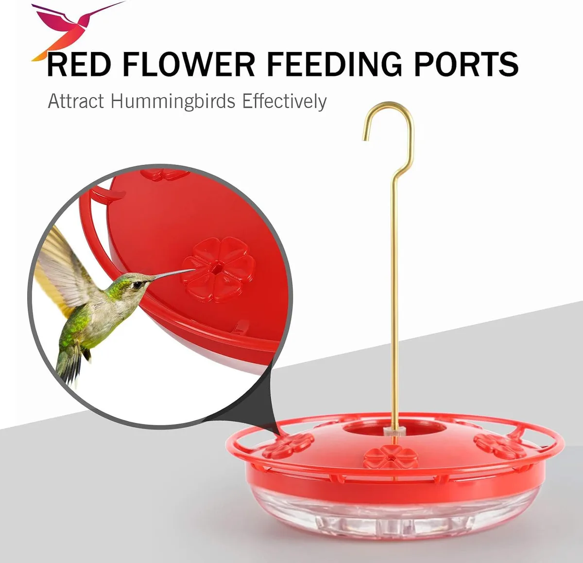 red flower feeding ports attract hummingbirds