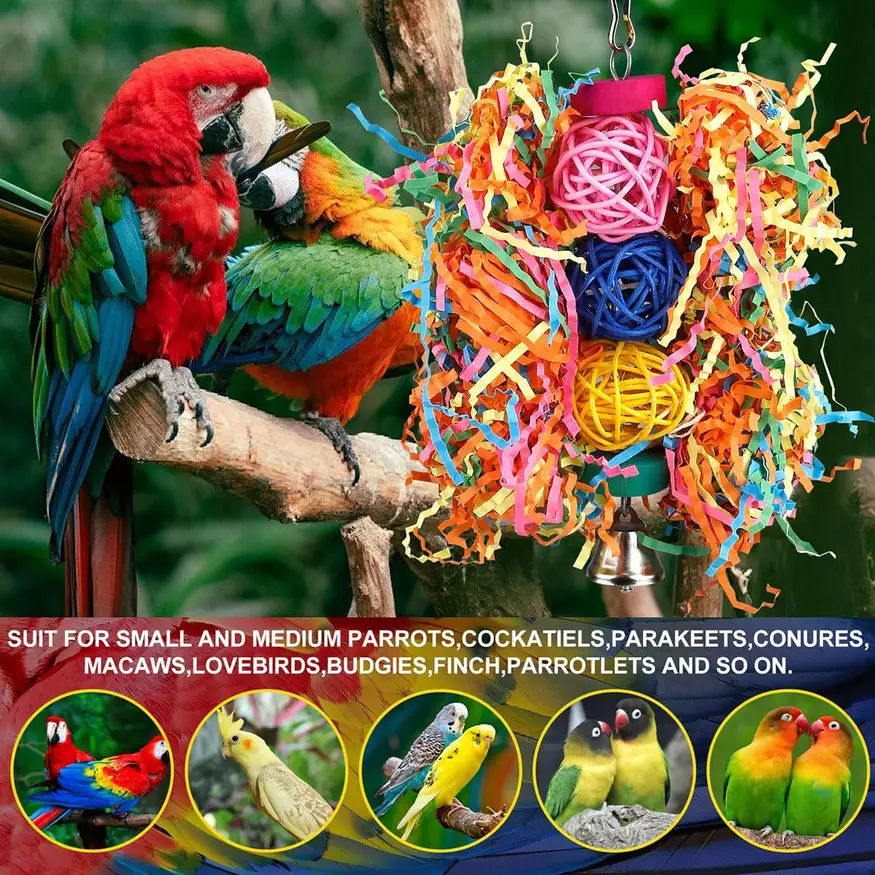 parrots and cockatiels playing with the bird toys set