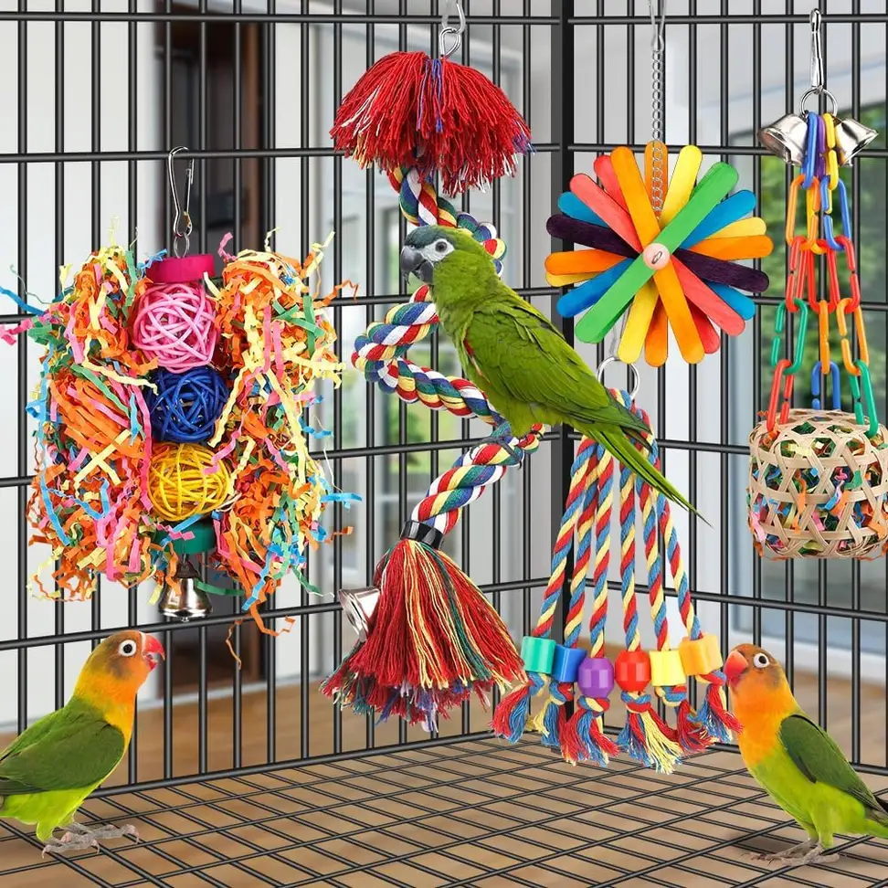 bird toys set hanging inside a cage